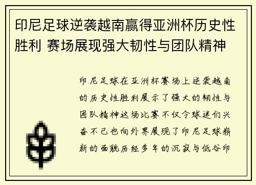 印尼足球逆袭越南赢得亚洲杯历史性胜利 赛场展现强大韧性与团队精神